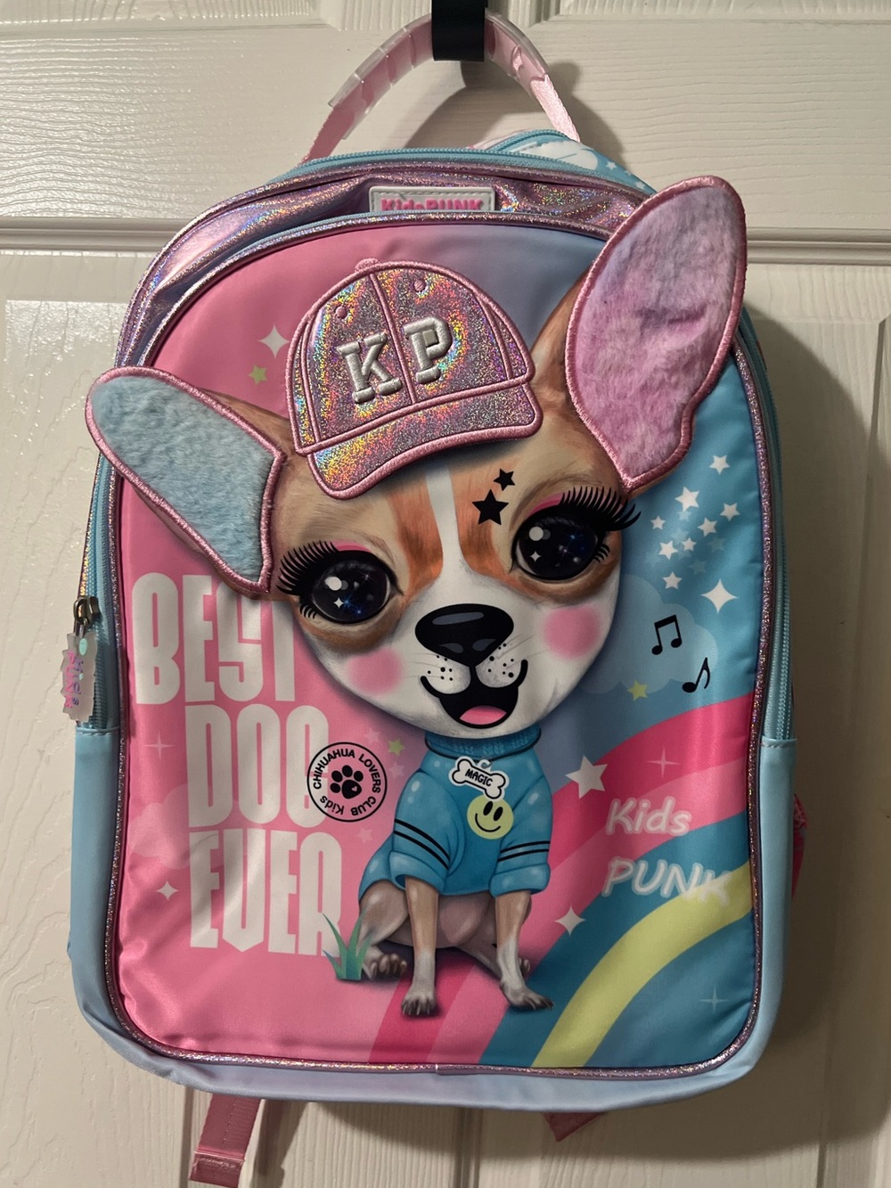 KidsPUNK Chimola Best Dog Ever Chihuahua Backpack glitter cap 3D plush ears sz L